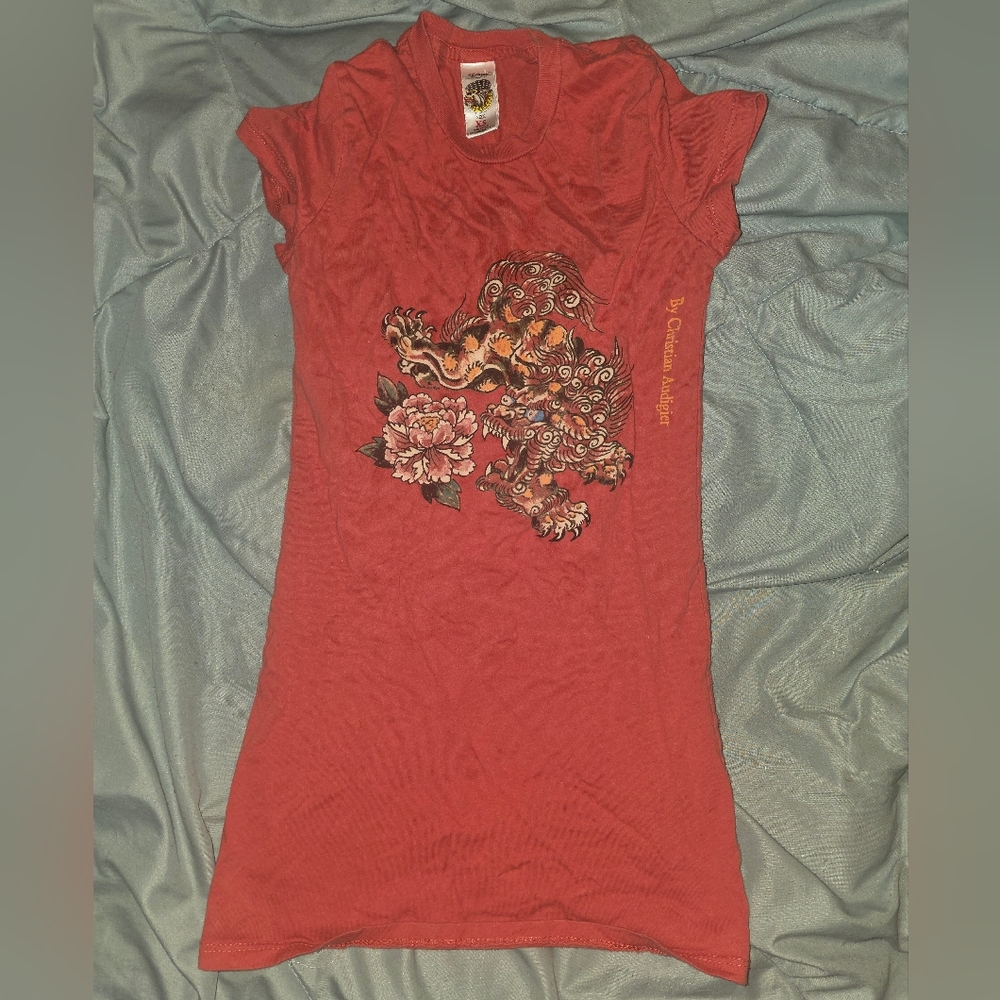 Ed Hardy Red T-Shirt with Floral Lion Graphic Design Y2K - Picture 2 of 9